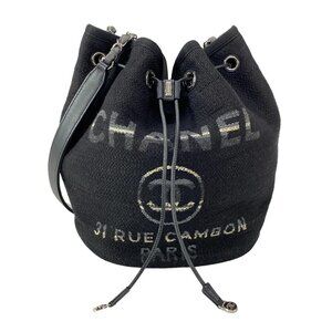 Auth CHANEL Deauville Line A57536 Black Gray Cream Canvas Leather Shoulder Bag